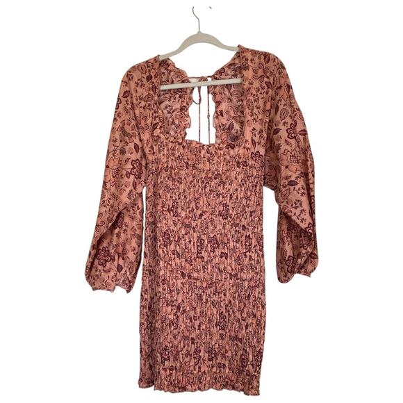 FREE PEOPLE Smock it to Me Mini Dress Apricot Ruffle Peasant Boho Size Large - Picture 3 of 10